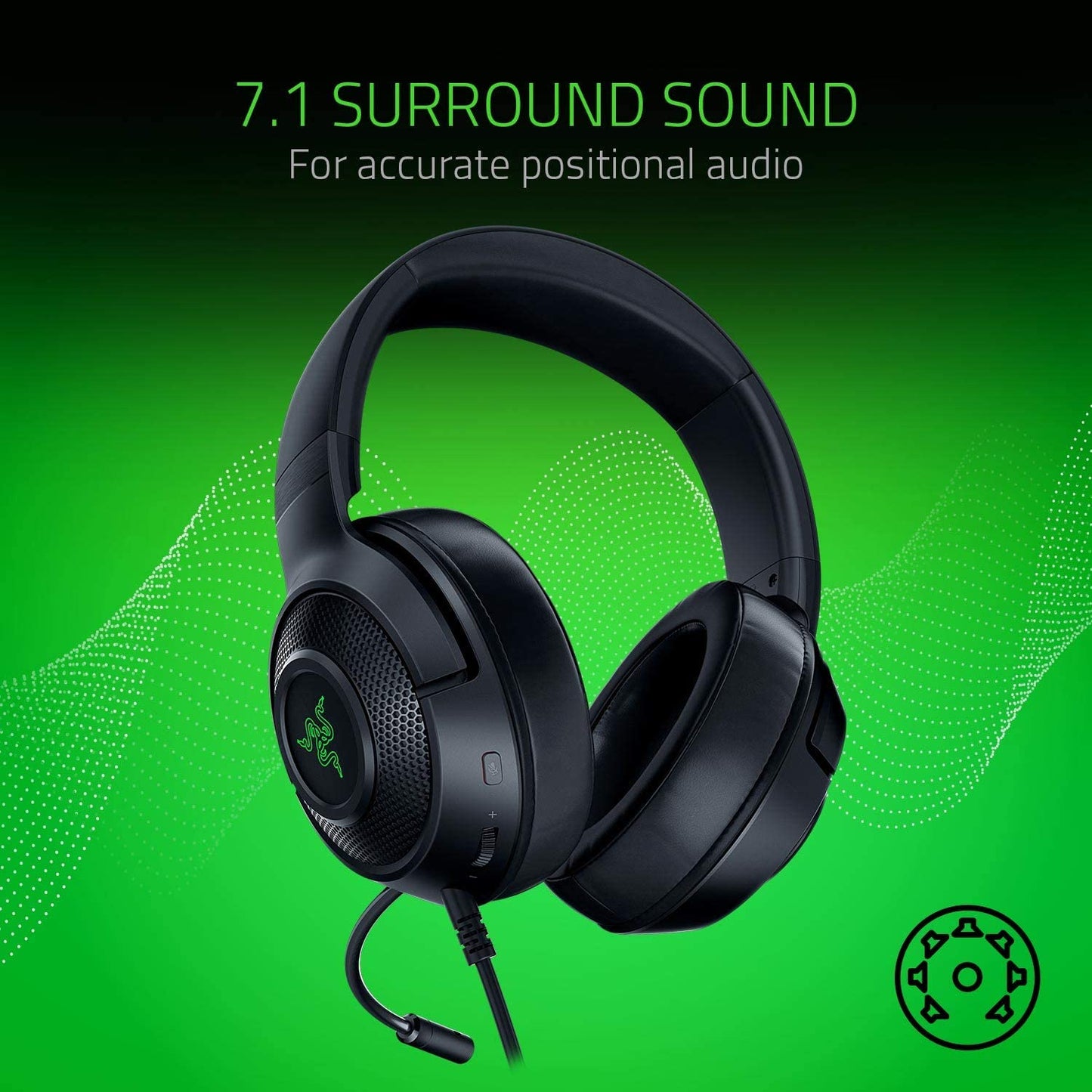 Kraken X USB Ultralight Gaming Headset: 7.1 Surround Sound - Lightweight Frame - Green Logo Lighting - Integrated Audio Controls - Bendable Cardioid Microphone - for PC - Classic Black