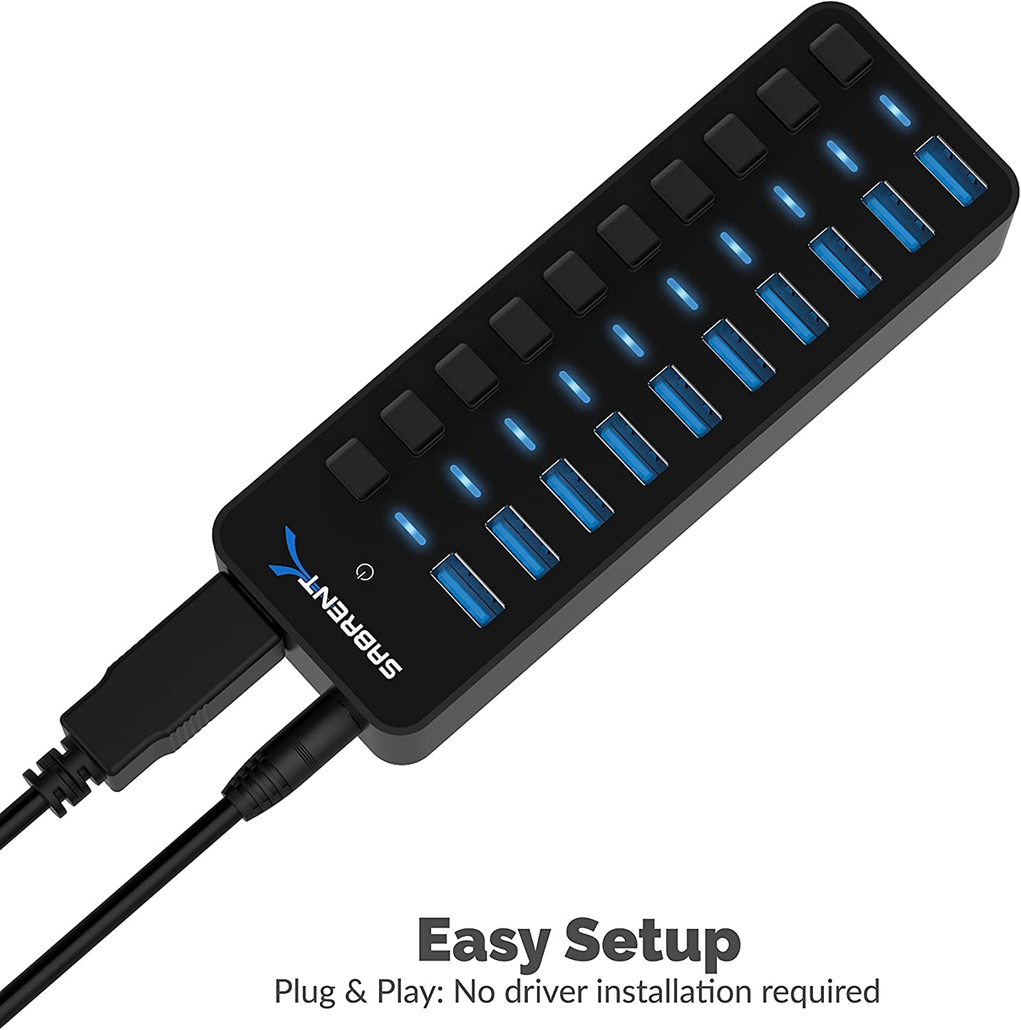 10-Port 60W USB 3.0 Hub with Individual Power Switches and Leds, Includes 60W 12V/5A Power Adapter (HB-BU10)