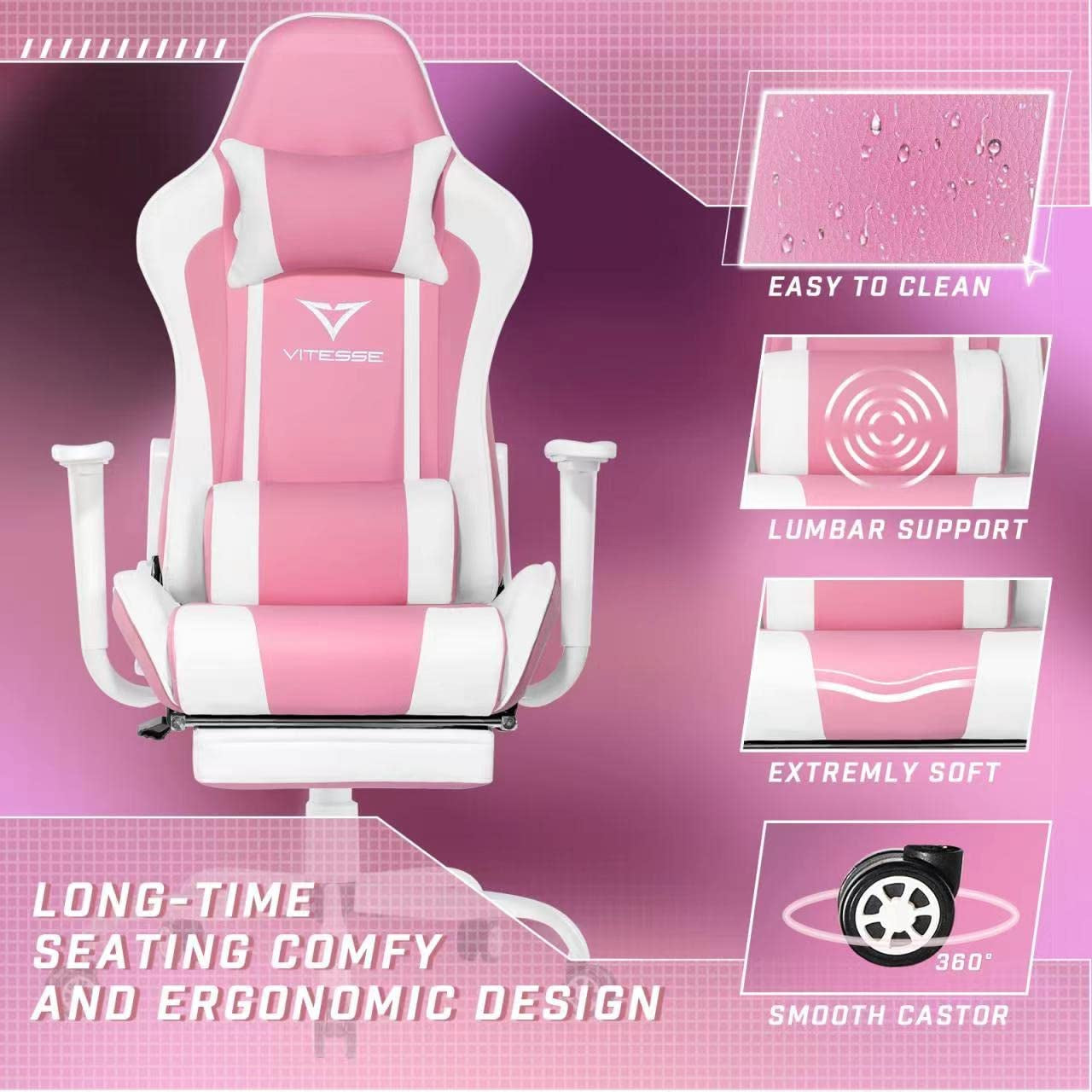 Pink Gaming Chair with Footrest Cute Kawaii Gaming Chair for Girl Gamer Chair Ergonomic Office Desk Chair Racing Chair Adjustable High Back Chair with Lumbar Support and Headrest,Pink/White