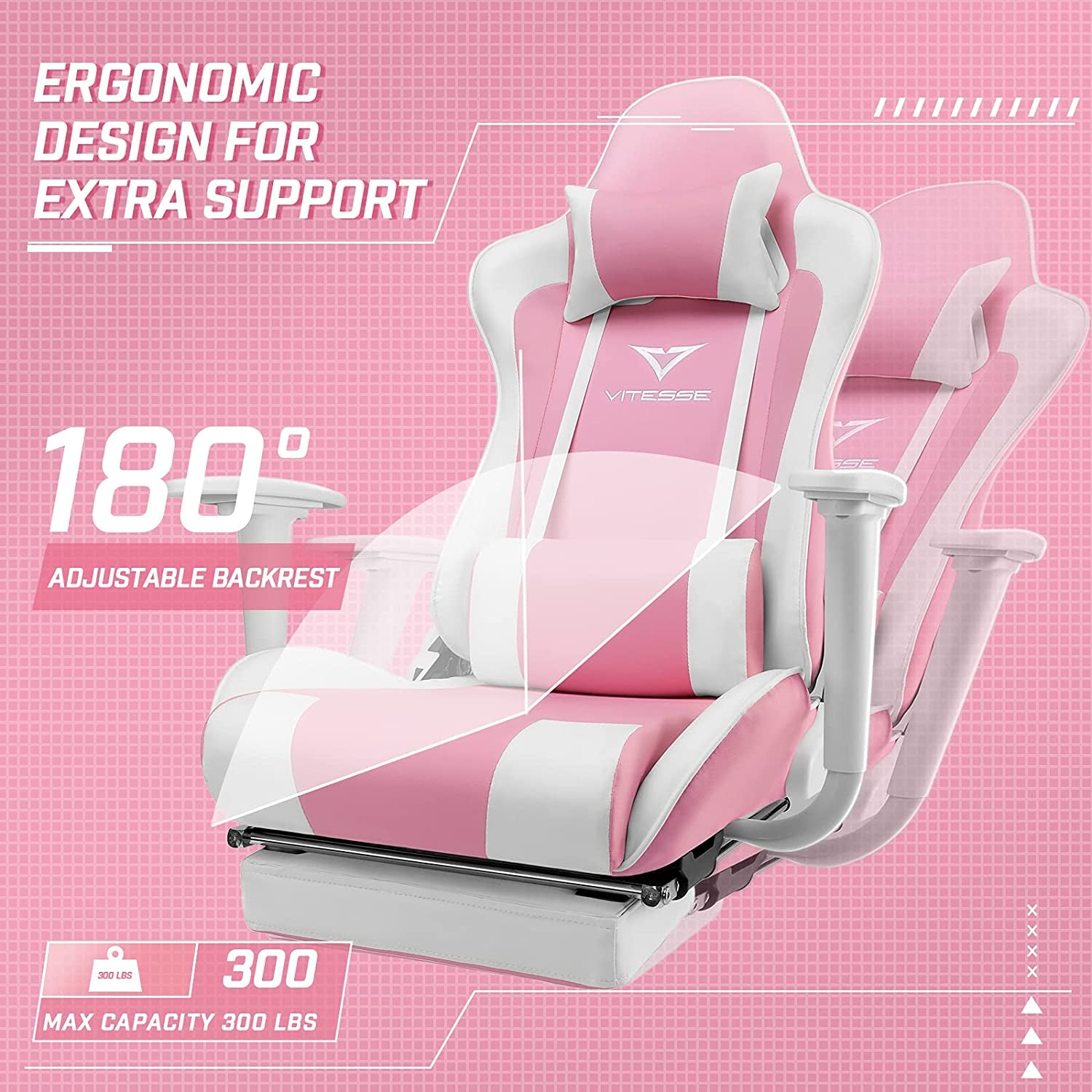 Pink Gaming Chair with Footrest Cute Kawaii Gaming Chair for Girl Gamer Chair Ergonomic Office Desk Chair Racing Chair Adjustable High Back Chair with Lumbar Support and Headrest,Pink/White